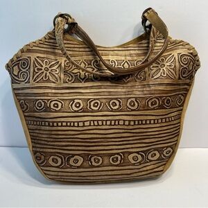 Vintage Claudia Firenze Tooled Leather & Suede Shoulder Bag Hobo Tote EUC